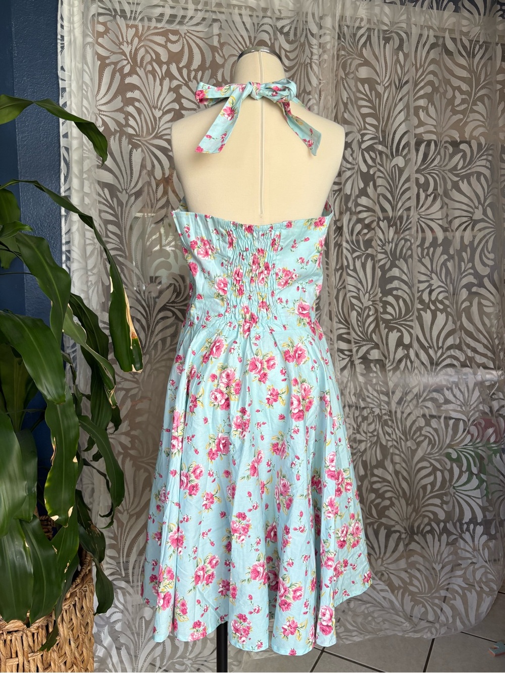 Womens Vintage 1950s Floral Spring Garden Party Picnic Dress Mint Blue 50s Chic - Picture 3 of 5